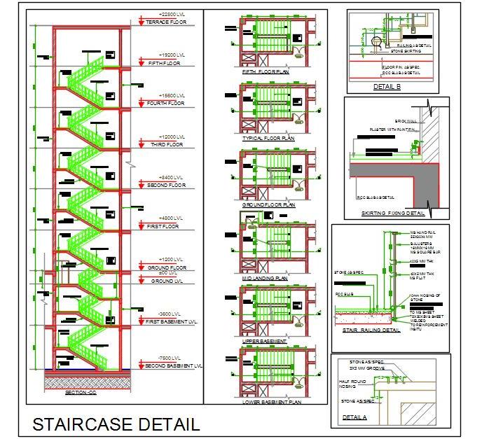 Multi-Storey Staircase CAD Drawing with Detailed Plans